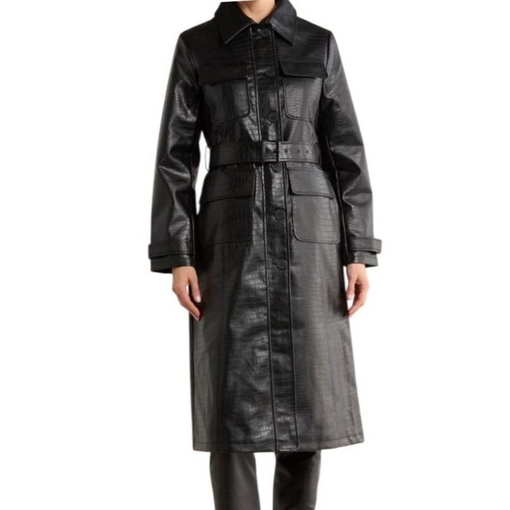 NWT Rebecca Minkoff Black Croc Embossed Faux Leather Trench‎ Coat XS Long Jacket